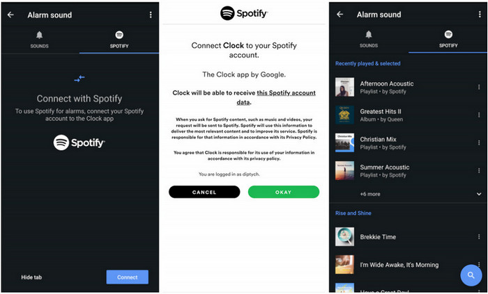 In Google Clock application, how to set up Spotify music alarms