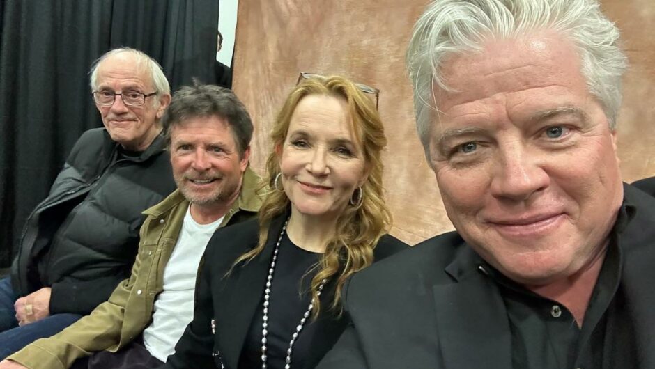 Michael J. Fox, Christopher Lloyd, Lea Thompson, and Tom Wilson reunite in “Back to the Future”